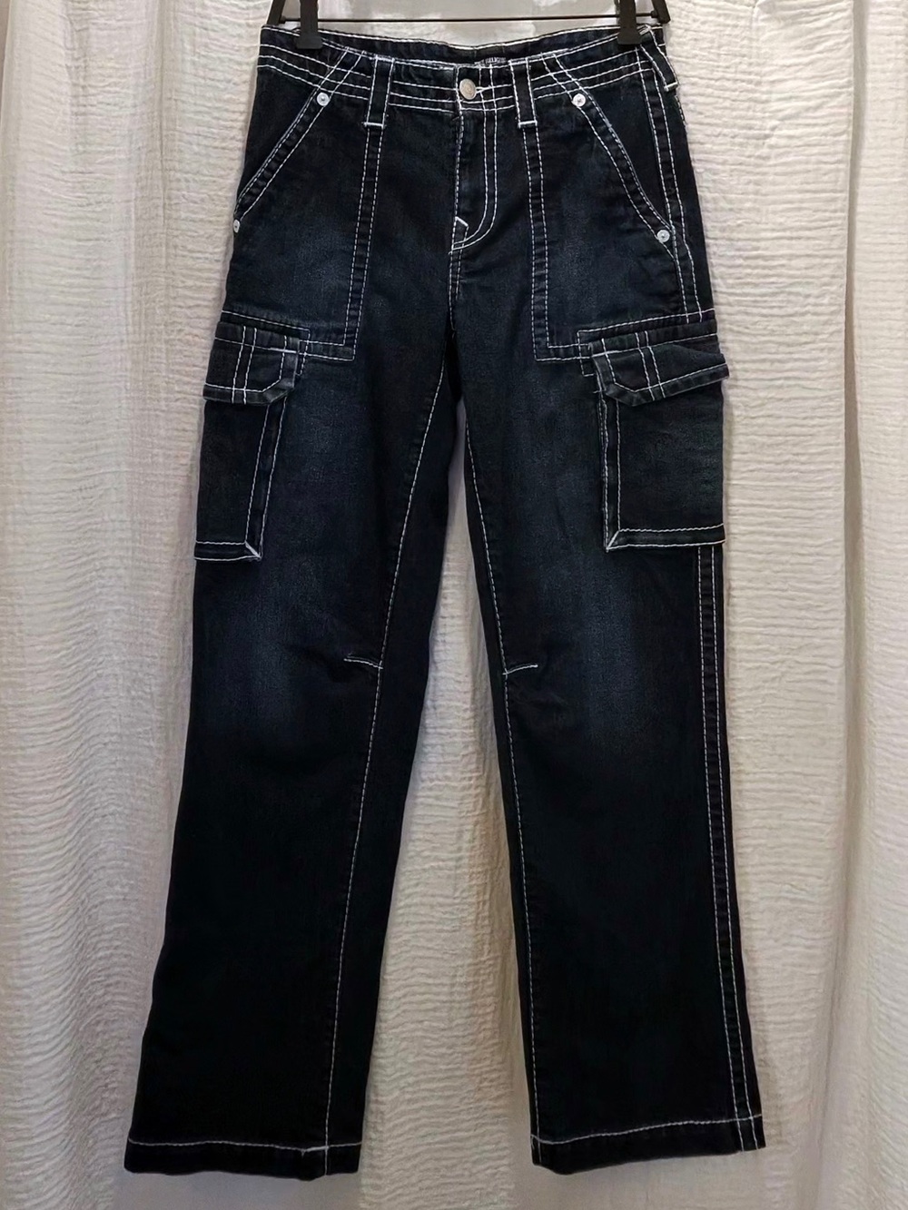 True Religion Contrast Stitch Denim Cargo Pants Dark Wash Big T size 27